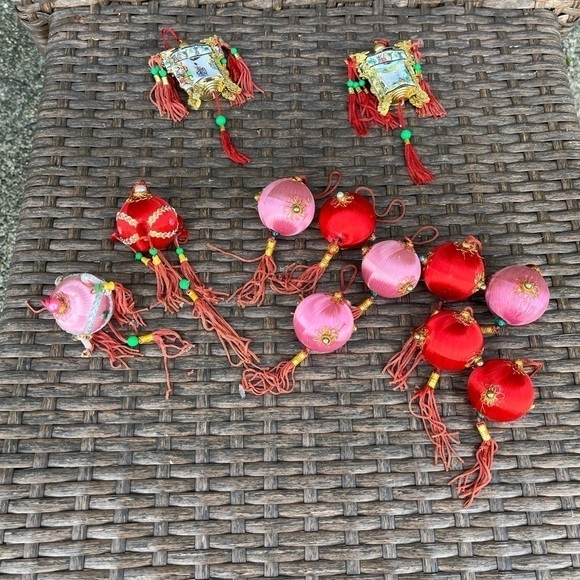 𝅺vintage Satin Wrapped Chinese New Year Style Lantern Ornaments Bulbs Holiday - Picture 3 of 8